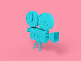 Blue single color retro video camera on a pink monochrome background. Minimalistic design object. 3d rendering icon ui ux interface element.