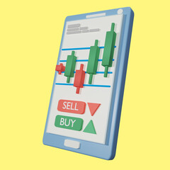 candlestick chart of stock sale and buy using mobile phones, market investment trading, 3D Rendered, Isolated on yellow background