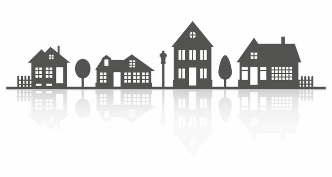 Suburban neighborhood landscape. Silhouette of houses on the skyline with reflection. Countryside cottage homes. Glyph vector illustration.