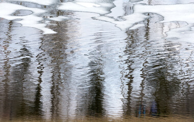 Blurred reflection of blue sky, sihouette of people and trees standing near spring puddle.