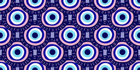 Greek eye Turkish amulet seamless pattern. Turkish eye blue for amulet and protection in endless pattern. Vector illustration in a flat style