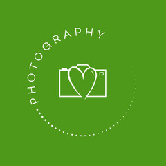 White photography stamp logo on a green coloured background. Wedding photographer logo. With love camera icon. Romantic logo design. Hand drawn stamp icon.