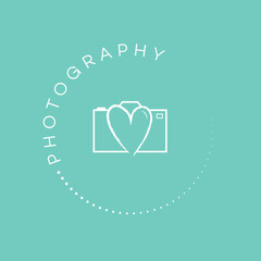 White photography stamp logo on a light blue coloured background. Wedding photographer logo. With love camera icon. Romantic logo design. Hand drawn stamp icon.