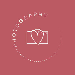 White photography stamp logo on a red coloured background. Wedding photographer logo. With love camera icon. Romantic logo design. Hand drawn stamp icon.