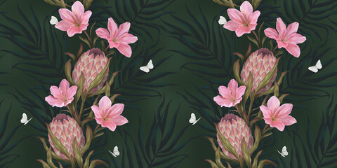 Exotic tropical pattren. Tropical flowers and leaves background. Protea, lilies, butterflies, palm leaves. Hand drawing 3d illustration. Dark tropical leaves wallpaper.