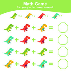 Dinosaurs theme Math Game for Preschool. Dinosaurs math worksheet. Educational printable math worksheet. Additional and subtraction math for kids. Vector file.