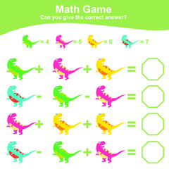 Dinosaurs theme Math Game for Preschool. Dinosaurs math worksheet. Educational printable math worksheet. Additional and subtraction math for kids. Vector file.