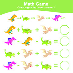 Dinosaurs theme Math Game for Preschool. Dinosaurs math worksheet. Educational printable math worksheet. Additional and subtraction math for kids. Vector file.