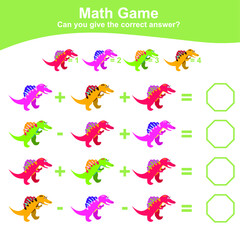 Dinosaurs theme Math Game for Preschool. Dinosaurs math worksheet. Educational printable math worksheet. Additional and subtraction math for kids. Vector file.