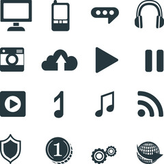 set of icons, screen, mobile, message icon, headphone, camera icon, cloud icon, playing, video, music, wi-fi, protection, sitting, internet