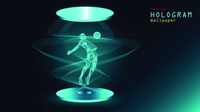 The series of hologram wallpaper. Action figure of a football player on light projection.