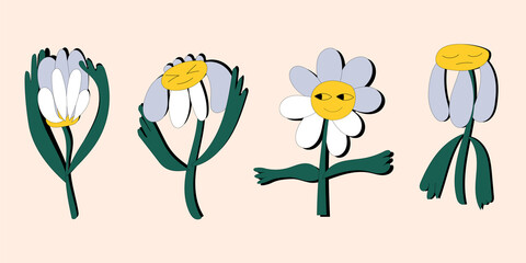 A set of fancy funny daisy flowers with eyes and emotions. Hippie plants in the style of the 60s and 70s. Vector illustration
