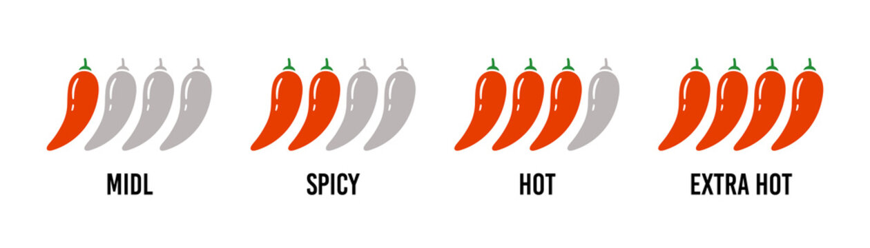 Spice level marks - mild, spicy, hot, extra hot. Red chili pepper. Spicy meter. Chili level icons set. Vector illustration isolated on white background.