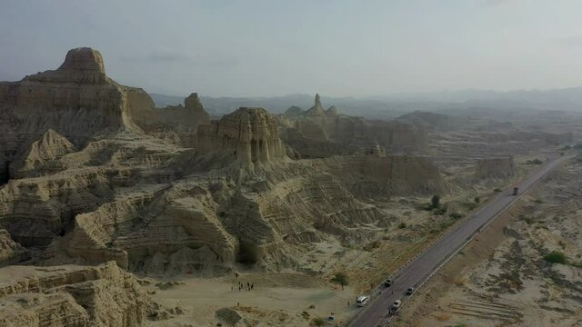 Aerial View Along Highway Road Through Arid Mountain Landscape Hingol National Park In Balochistan