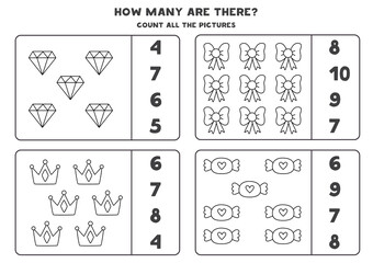 Counting game with cute black and white elements. Educational worksheet.