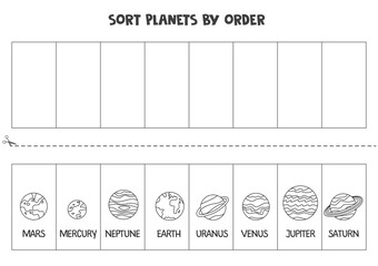 Sort Solar system planets by order. Space worksheet for children.