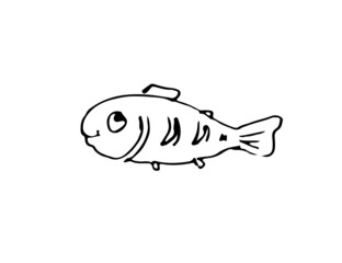 Wild fish. Aquatic animal character. Underwater world. Outline sketch. Hand drawing is isolated on a white background. Vector