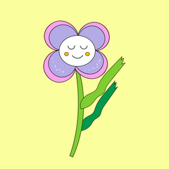 A fancy flower with eyes and leaves. A hippie plant in the style of the 70s. space for text.