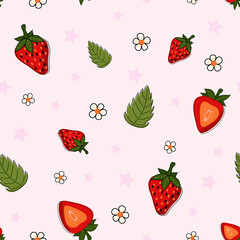 Seamless pattern. Cute colorful strawberries with leaves, flowers, stars.