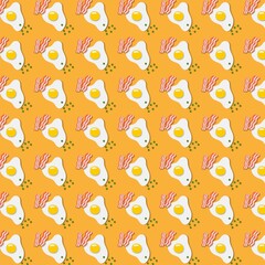 Seamless pattern fried eggs with bacon and green peas on a yellow background in the style of Paper Cut