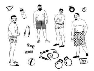 Positive overweight men and sports equipment. The concept of accepting your body.