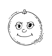 Orange laughs. Funny Face. Cheerful drawing of fruit. Hand drawing outline. Sketch Isolated on white background. Vector