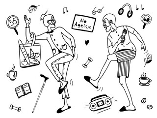 An elderly couple - a man and a woman dancing. The concept of a full life without old age. Hand-drawn graphics. Vector graphics eps10