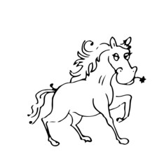 Horse funny. Cheerful wild animal. A comical character. Outline sketch. Hand drawing is isolated on a white background. Vector