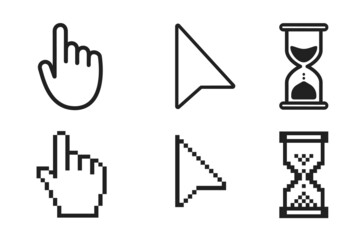 Black hourglass loading clock, pointer hand and arrow mouse cursors icon sign graphic element flat style design vector illustration set. Simplistic pictogram indicator sign, endless time process idea.