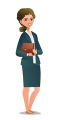 Pretty little girl student. Cheerful girl. Standing pose. Cartoon flat design in comic style. Single character. Illustration isolated on white background. Vector