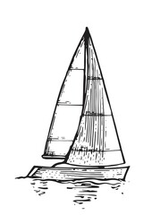 Sailing yacht floats on waves. Side view. Small ship for recreation and travel. Outline sketch. Hand drawing isolated on white background. Vector