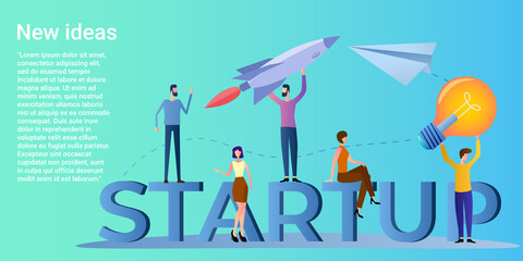 Fototapeta premium New ideas, People on the background of a rocket organize a startup.Brainstorming and new projects..Flat vector illustration.