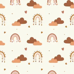 Gardinen Nahtloses Muster mit Wolken, Regenbogen und Herzen. Hintergrund für Geschenkpapier, Grußkarten und saisonale Designs. Fröhlichen Valentinstag. © Alina
