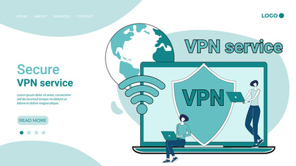 Secure VPN service.Secure social networks and high privacy.Secure data transfer..An illustration in the style of a landing page in green.