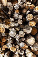Natural wooden background, closeup of chopped firewood