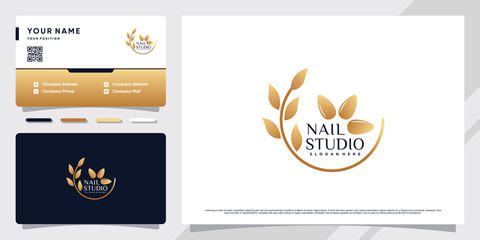 Nail studio logo with golden gradient style color and business card design Premium Vector