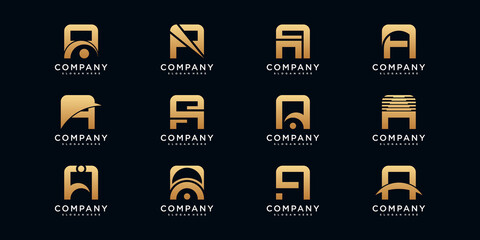 Set of creative monogram logo design initial letter a with golden style color Premium Vector