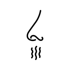 Nose and breath icon. Nasal breathing. Human organ of smell. Unpleasant smell. Nose inhales fragrance outline icon. Vector illustration in line style on white background. Editable stroke.