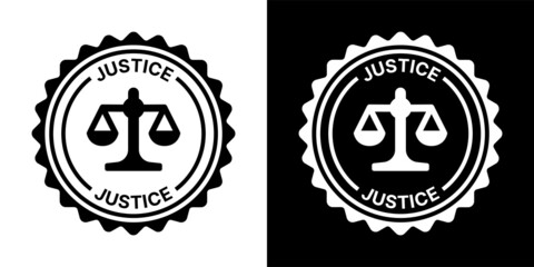 Justice scales icon on badge. Justice law symbol vector illustration.