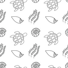 Vector seamless sea pattern with underwater life: turtle, shells, seaweed. Outline illustration for wallpaper, background, fabric, textile.