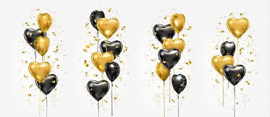 Black and gold foil balloons with confetti. Festive vector heart shape air balloon compositions set with sparkling glitter and golden ribbons. Valentine day or birthday party decoration elements.