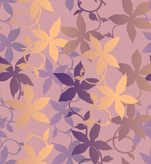Bright modern botanical fashionable textile trend decorative design pattern wallpaper large print with silhouettes of purple ivy flowers on a powdery pink background.