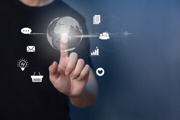 man online transactions with data connection around the world by internet technology, big data, data search, online marketing.