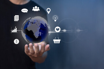 man online transactions with data connection around the world by internet technology, big data, data search, online marketing.