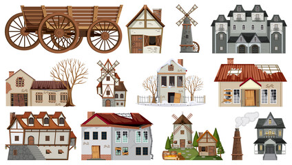 Naklejka premium Set of abandoned houses and buildings
