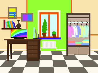 vector illustration depicting the interior decoration of a room with a computer workspace for prints on postcards, pictures, covers and interior decoration