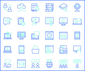 Set of online education and e-learning icons line style. It contains such Icons as e-book, lessons, webinar, video, teaching, training, mobile, tutorial, computer and other elements.