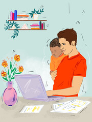 man doing home office with baby