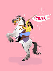 woman on horse with a flag