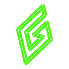 Impossible shapes, optical illusion, vector. Optical art green objects. Logo. Geometric figures.